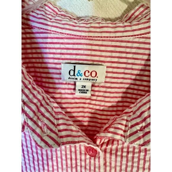 Denim & Co. Stretch Seersucker Long Sleeve Top Pink/White Stripe 2XL - Picture 3 of 6